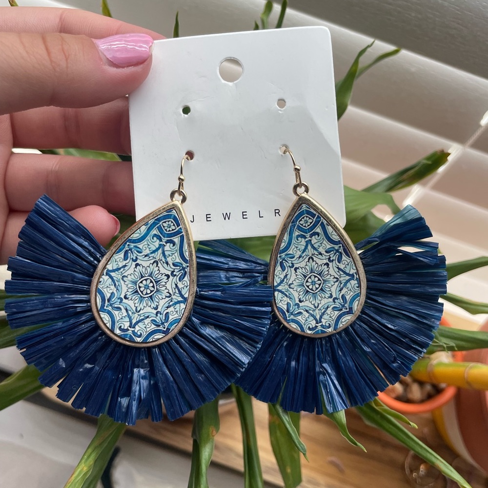 Navy Blue Rattan Teardrop Earrings